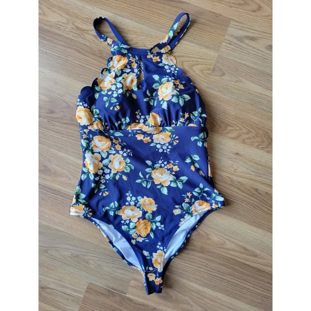 Cupshe Navy One-Piece Swimsuit with Yellow Floral Print size M